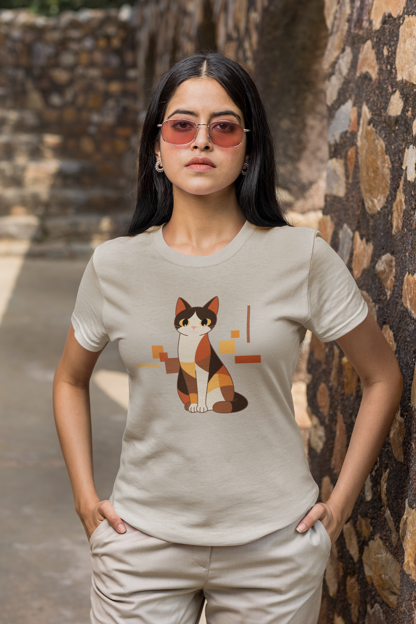 Geometric Cat Series – Warm Color Cat Tee by Kuroneko Ink
