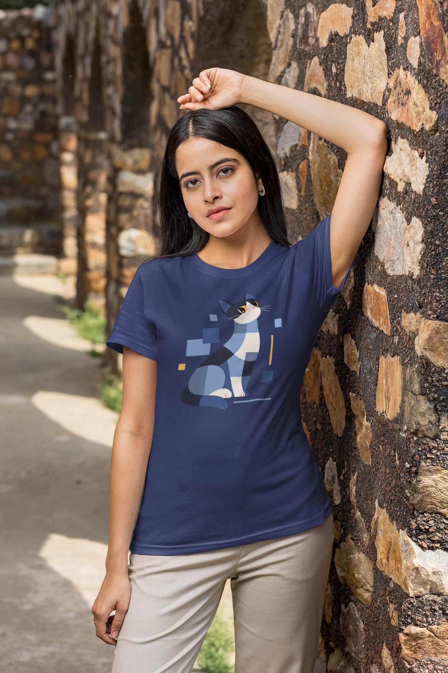 Geometric Cat Series – Blue Color Cat Tee by Kuroneko Ink