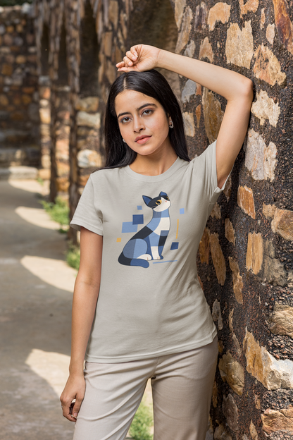Geometric Cat Series – Blue Color Cat Tee by Kuroneko Ink