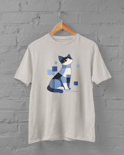 Geometric Cat Series – Blue Color Cat Tee by Kuroneko Ink