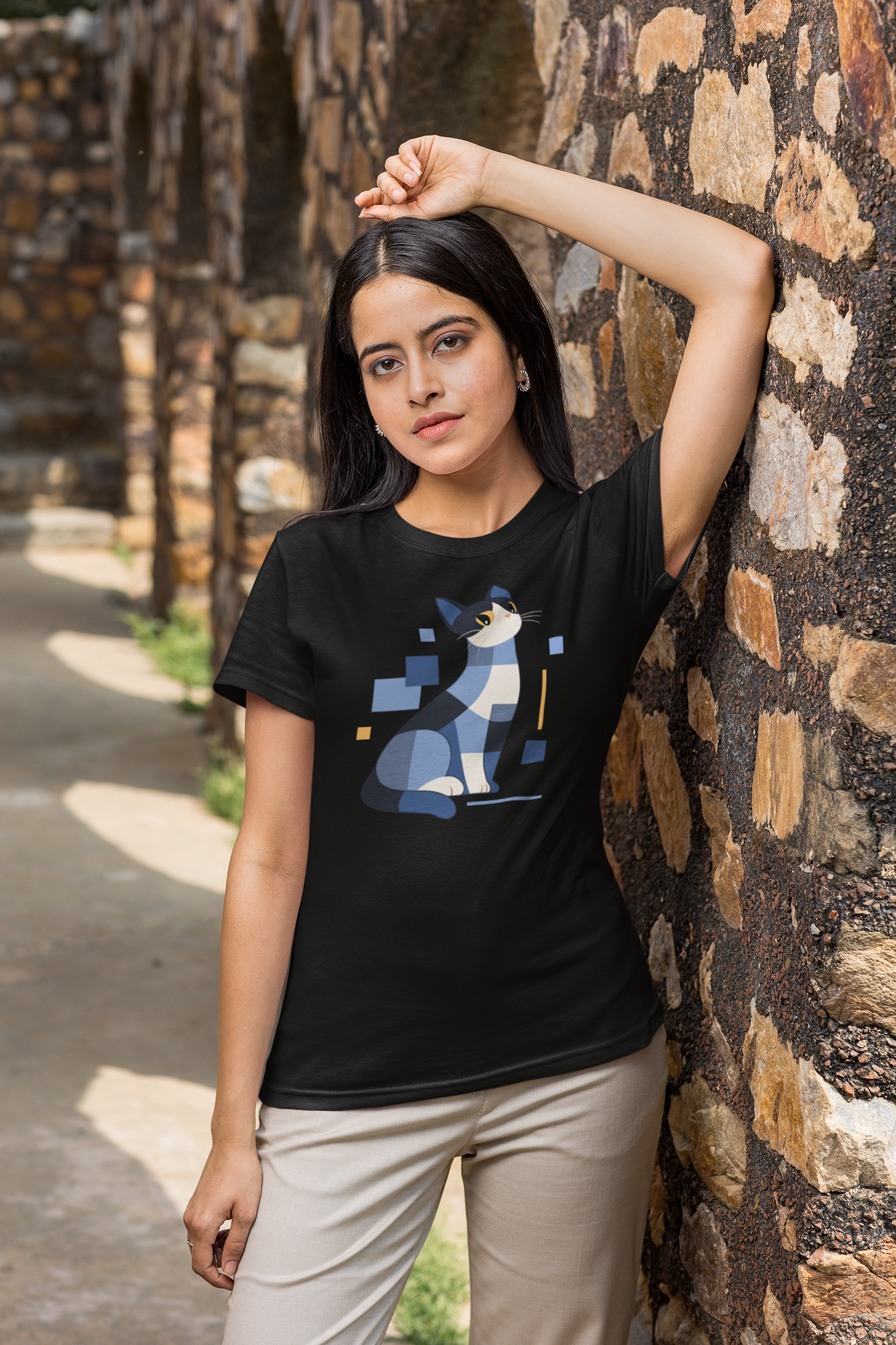 Geometric Cat Series – Blue Color Cat Tee by Kuroneko Ink