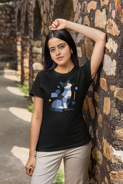 Geometric Cat Series – Blue Color Cat Tee by Kuroneko Ink