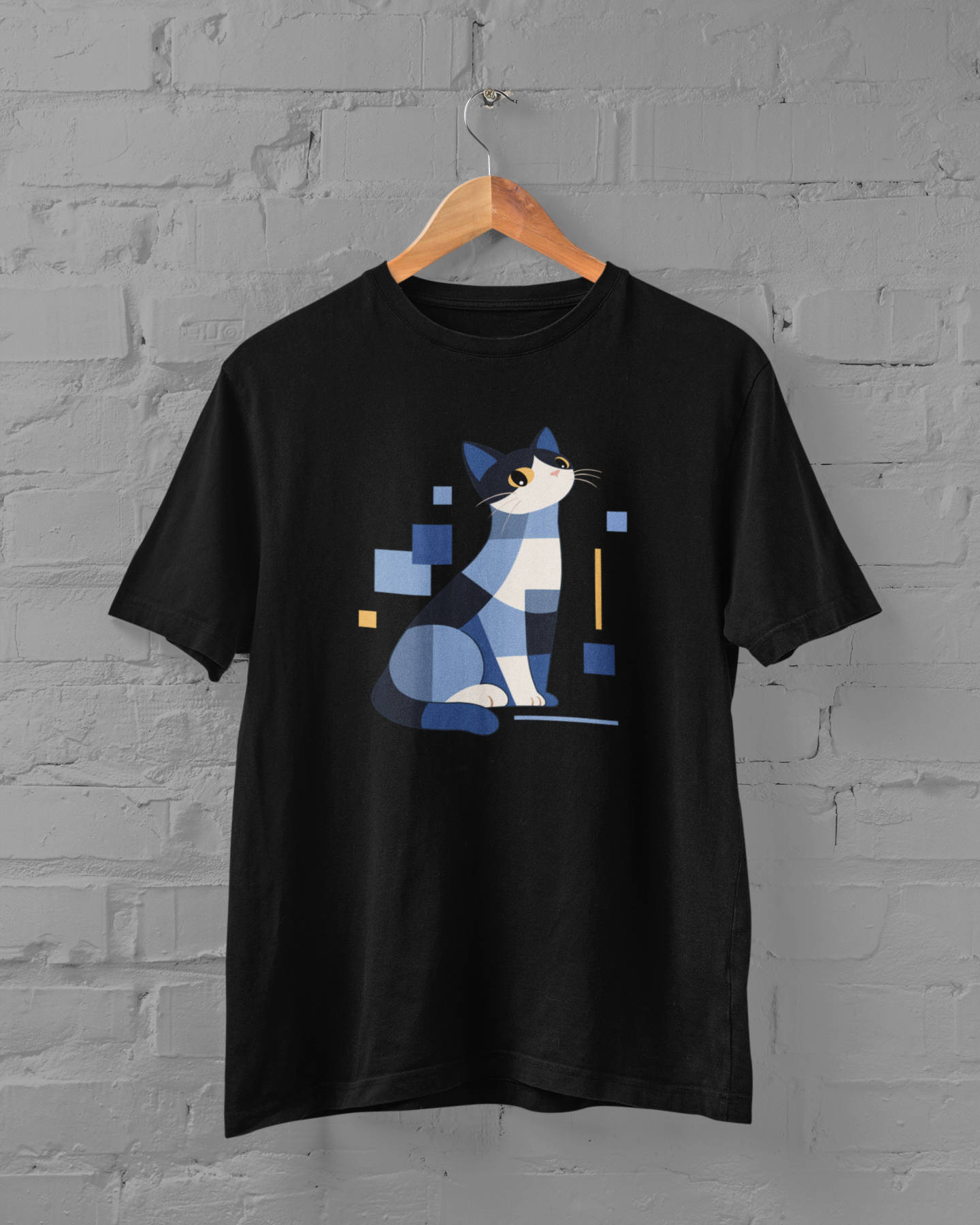 Geometric Cat Series – Blue Color Cat Tee by Kuroneko Ink