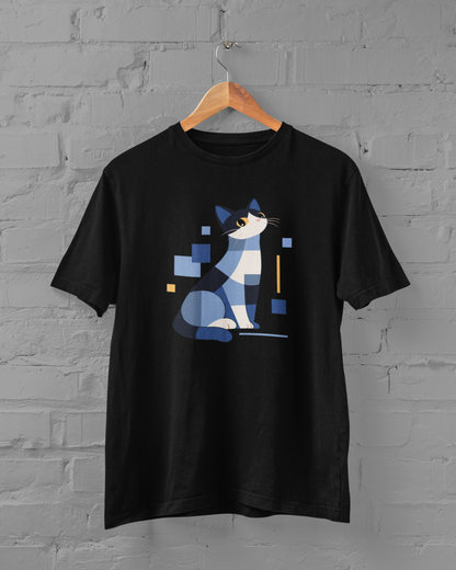 Geometric Cat Series – Blue Color Cat Tee by Kuroneko Ink
