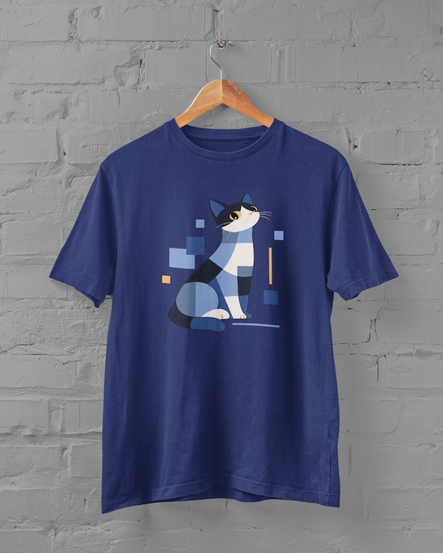 Geometric Cat Series – Blue Color Cat Tee by Kuroneko Ink
