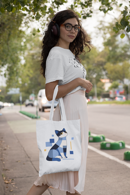 Geometric Cat Series – Blue Color Cat Tote Bag (Square) by Kuroneko Ink