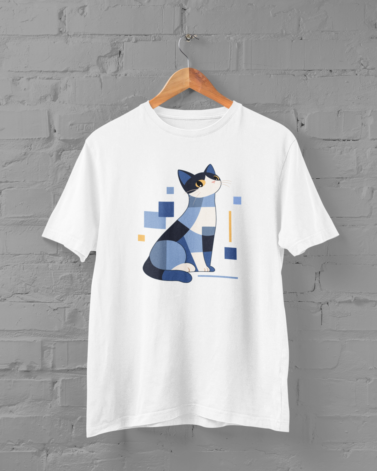 Geometric Cat Series – Blue Color Cat Tee by Kuroneko Ink