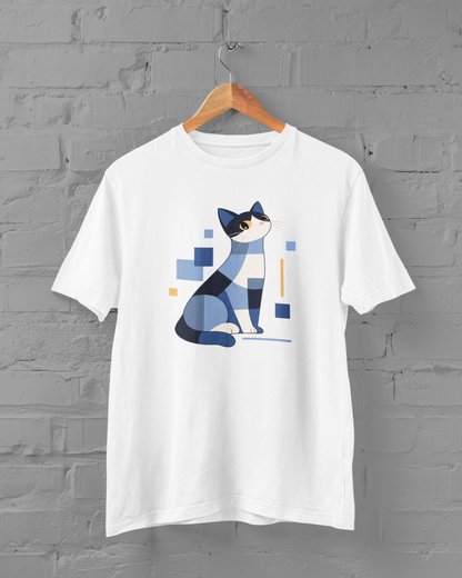 Geometric Cat Series – Blue Color Cat Tee by Kuroneko Ink