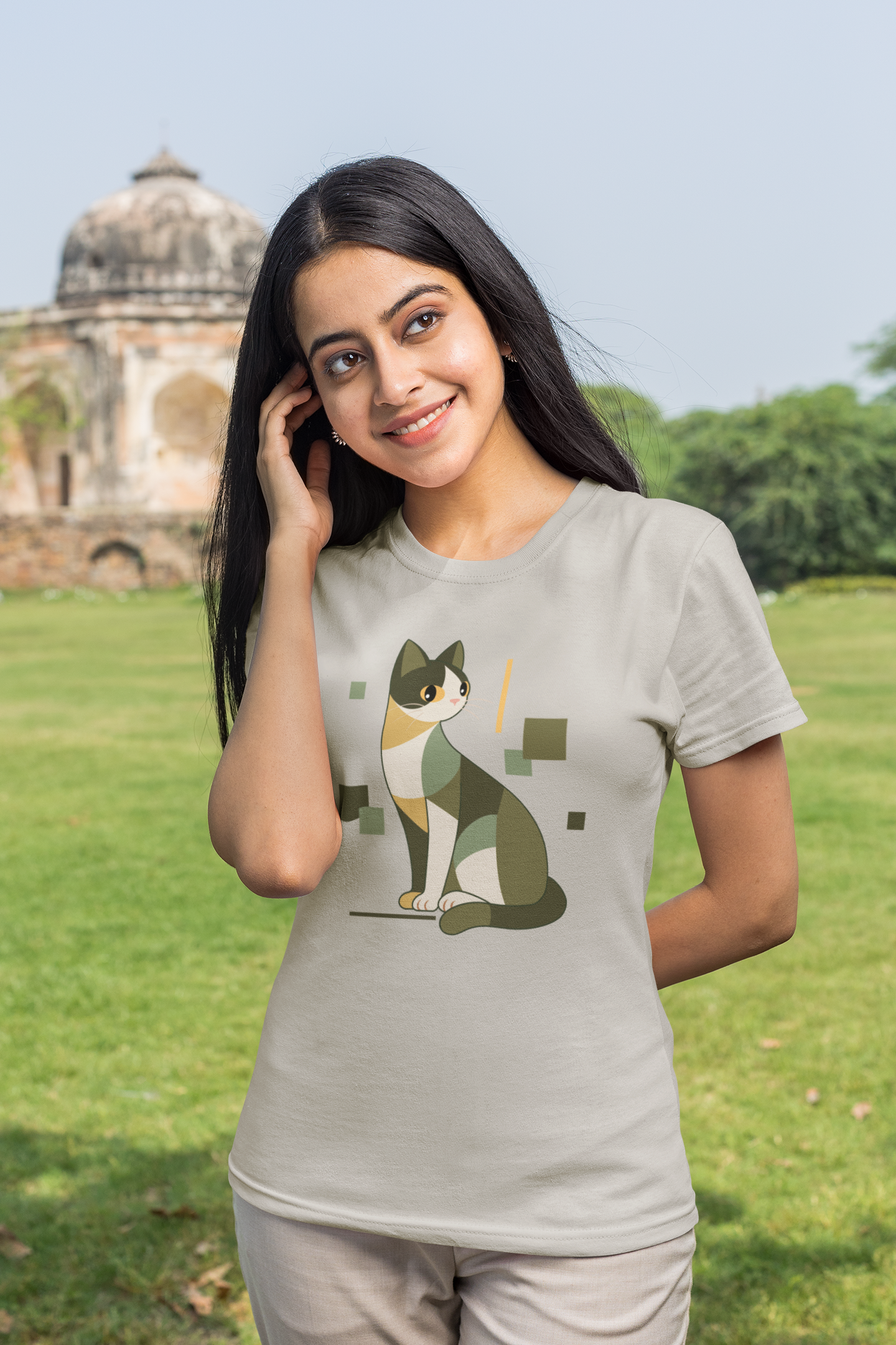 Geometric Cat Series – Green Color Cat Tee by Kuroneko Ink