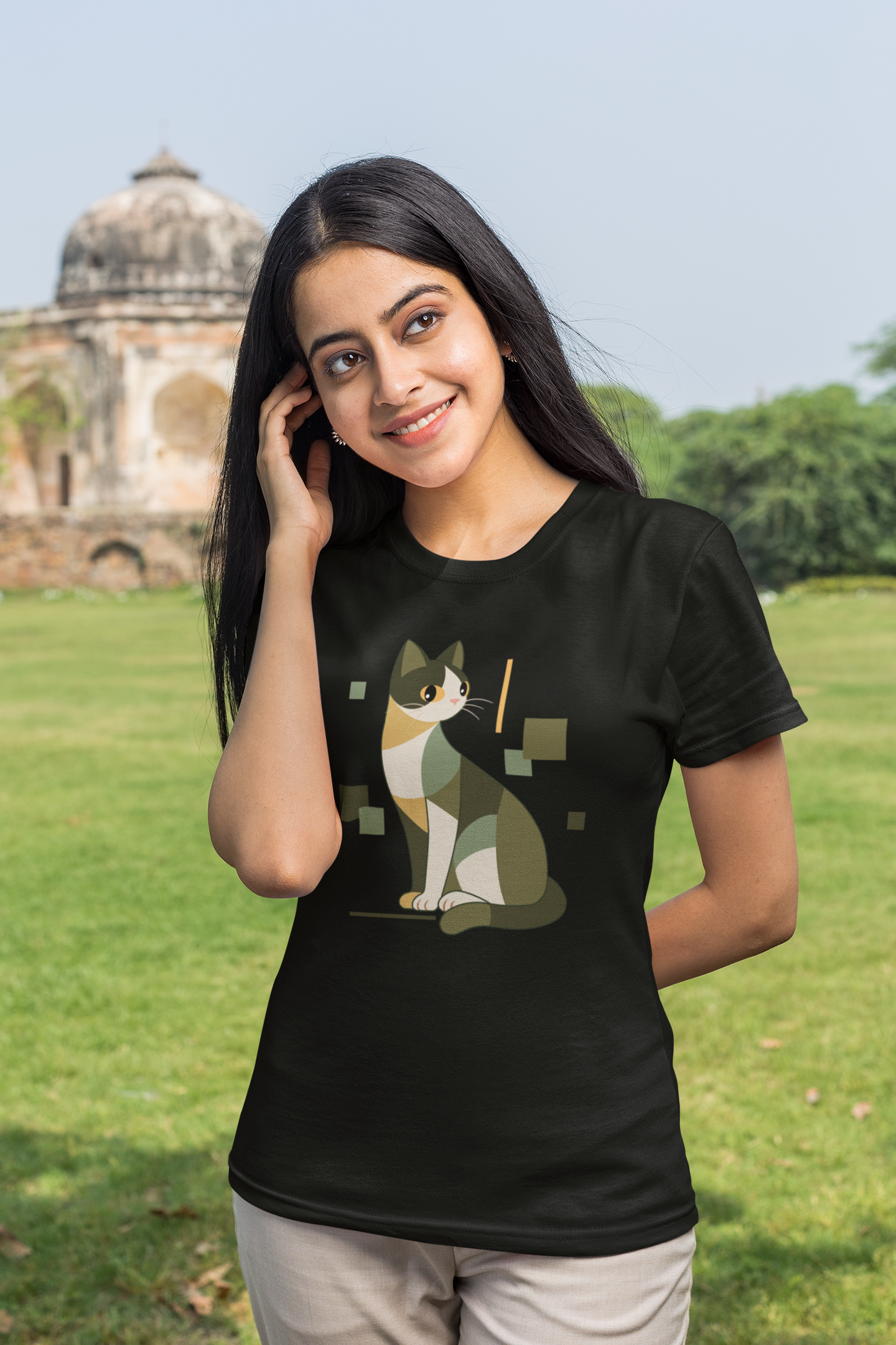 Geometric Cat Series – Green Color Cat Tee by Kuroneko Ink