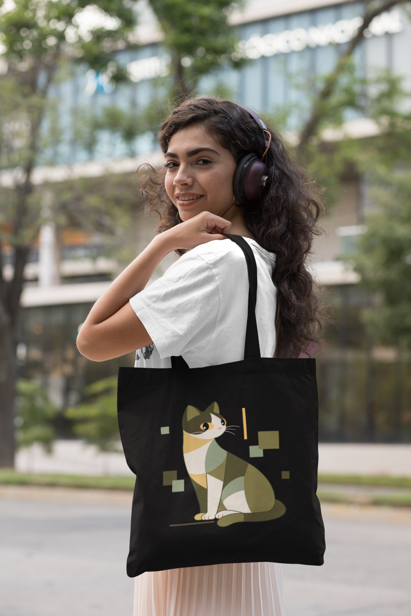 Geometric Cat Series – Green Color Cat Tote Bag (Square) by Kuroneko Ink