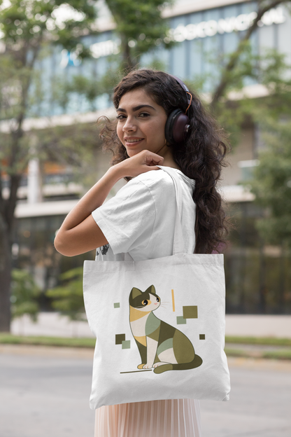 Geometric Cat Series – Green Color Cat Tote Bag (Square) by Kuroneko Ink