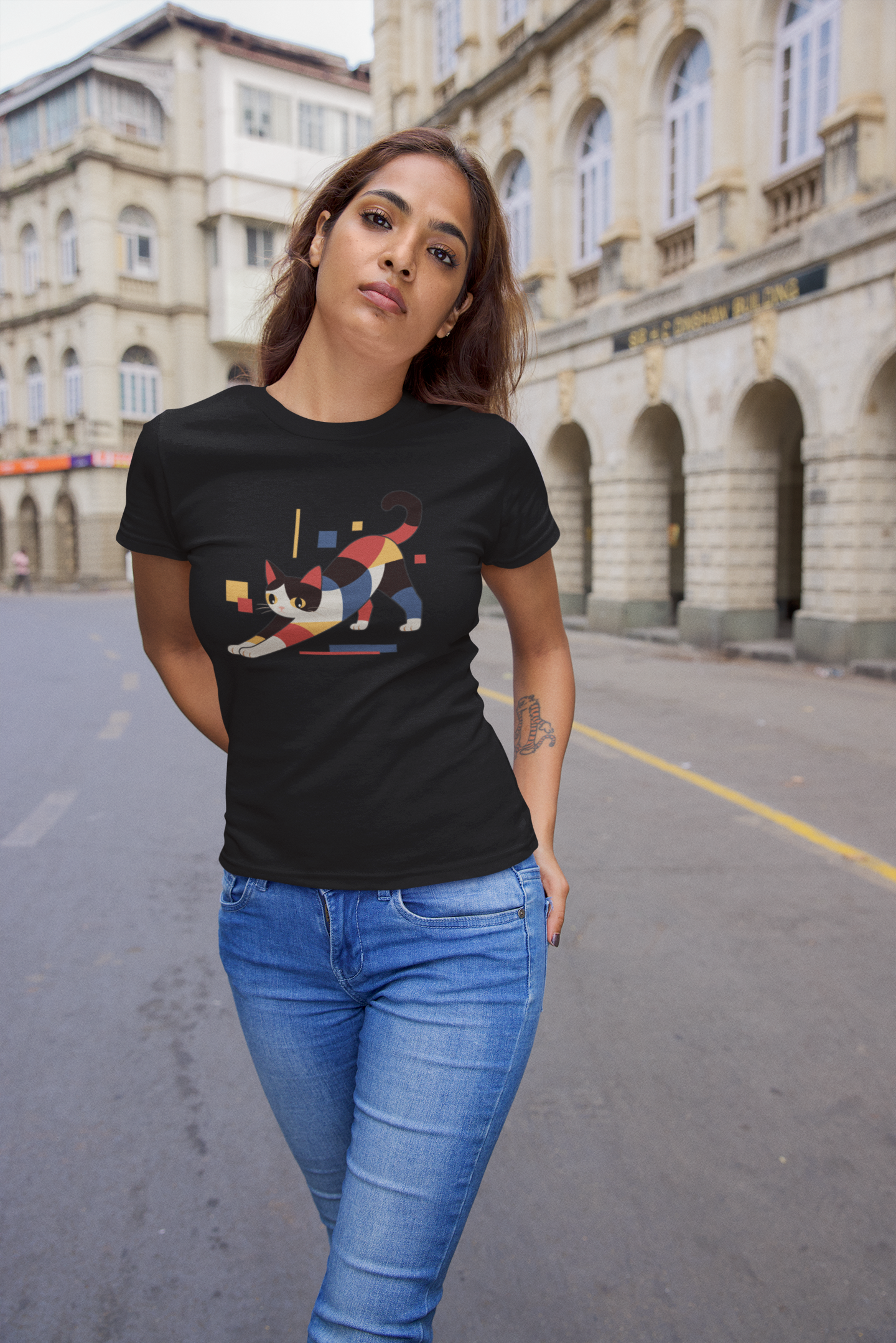 Geometric Cat Series – Primary Color Cat Tee by Kuroneko Ink
