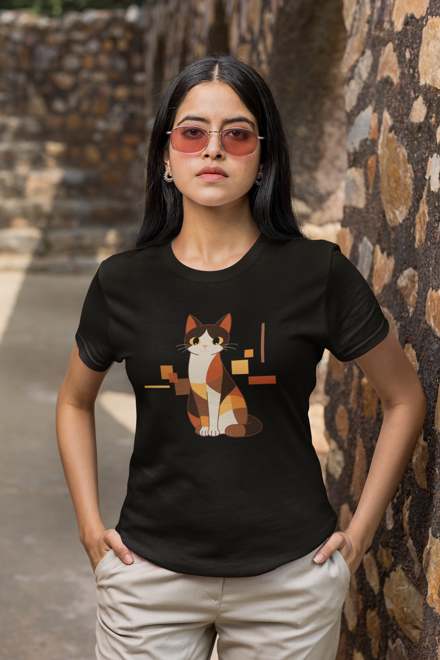 Geometric Cat Series – Warm Color Cat Tee by Kuroneko Ink