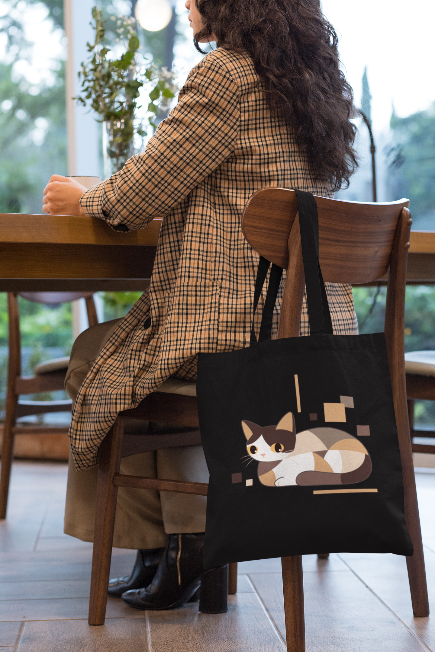 Geometric Cat Series – Neutral Color Cat Tote Bag (Square) by Kuroneko Ink