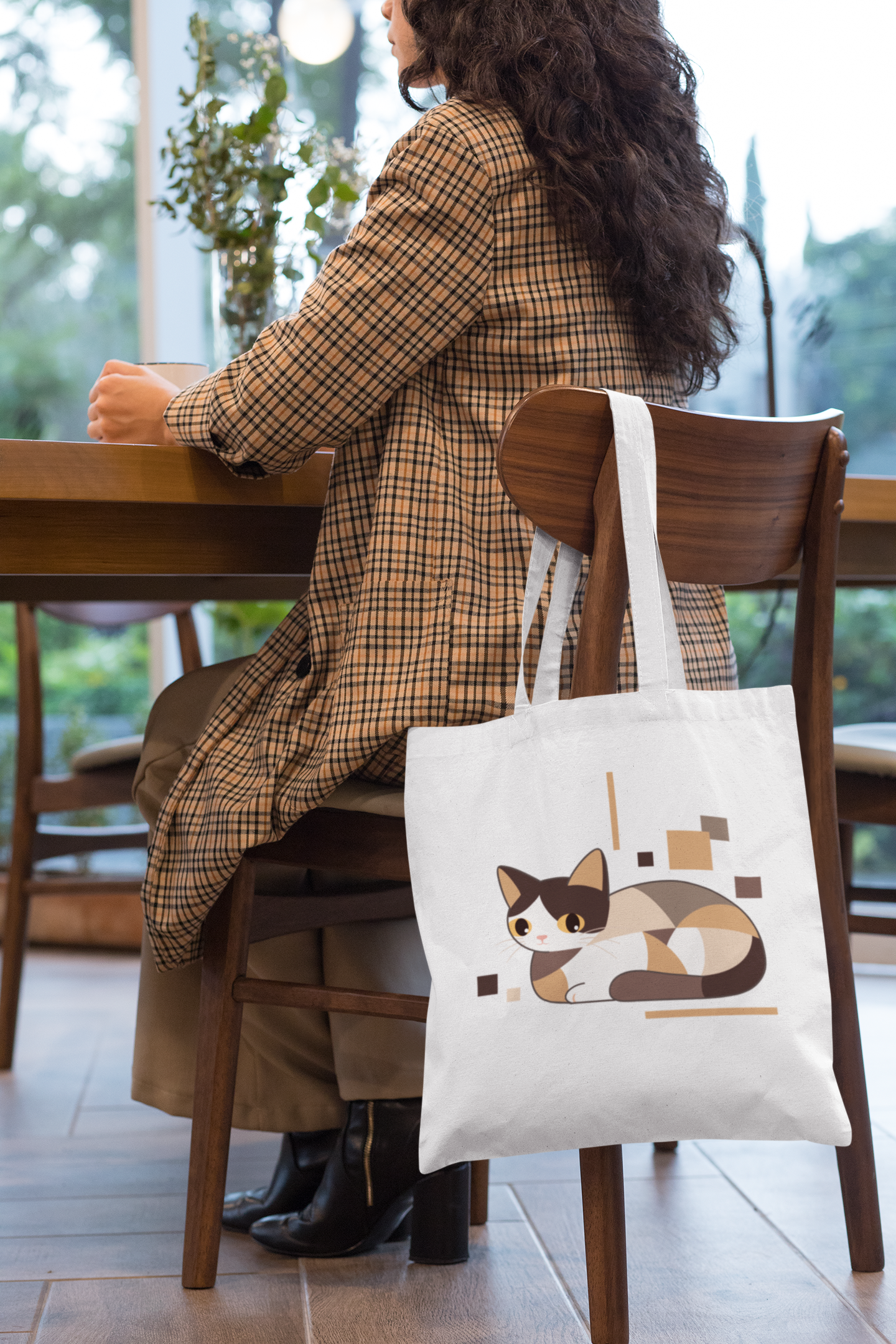 Geometric Cat Series – Neutral Color Cat Tote Bag (Square) by Kuroneko Ink