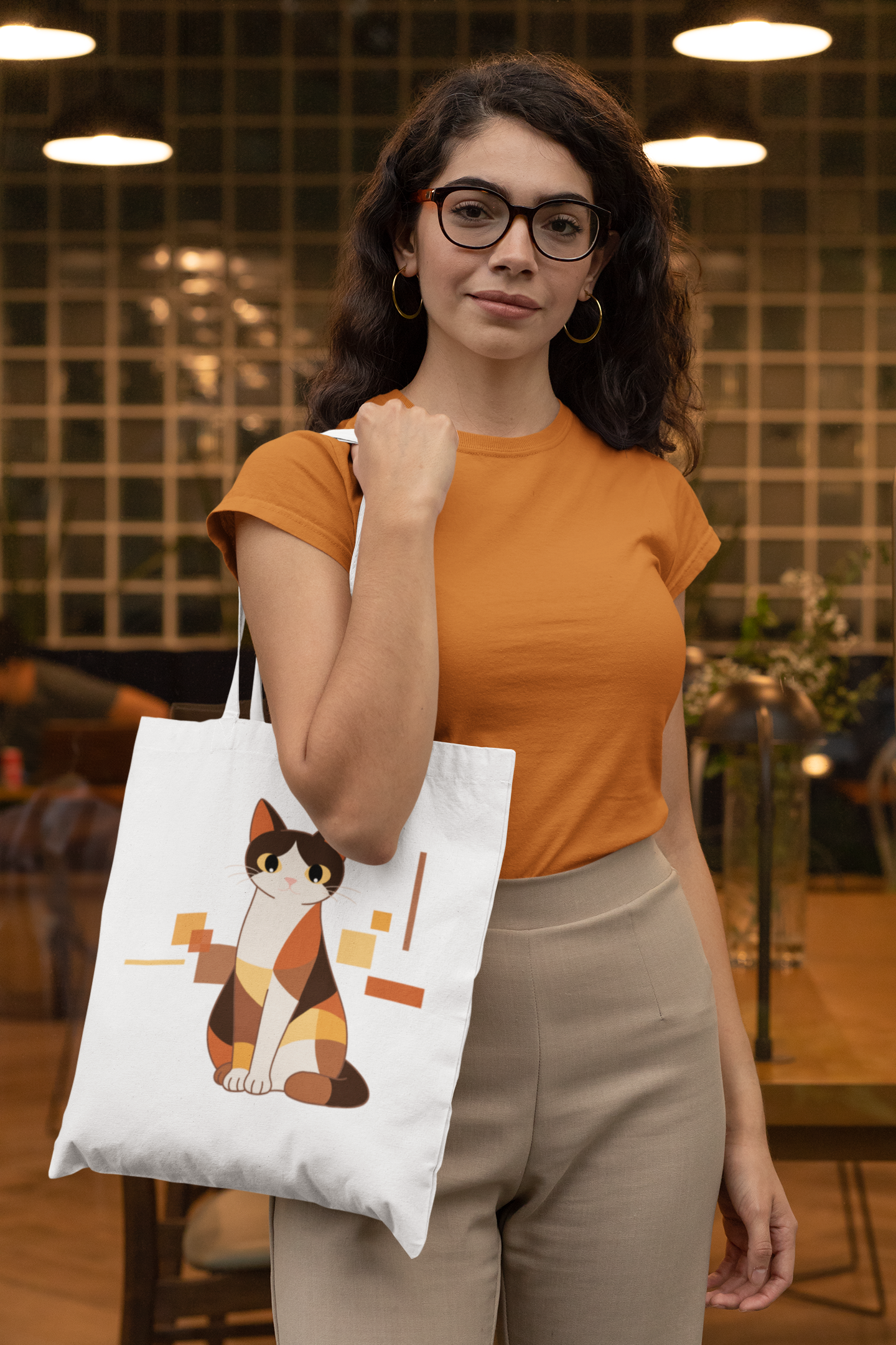 Geometric Cat Series – Warm Color Cat Tote Bag by Kuroneko Ink