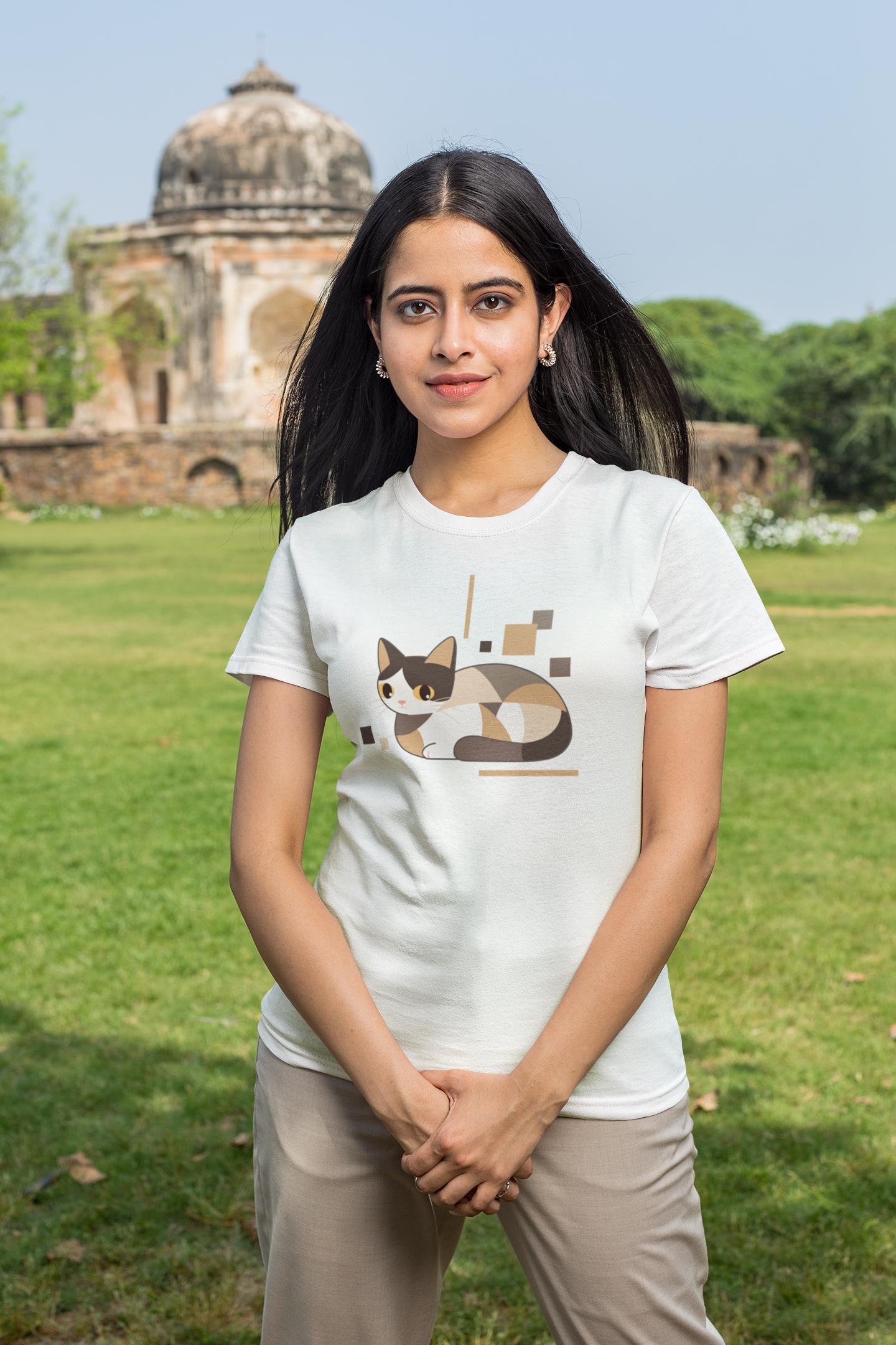 Geometric Cat Series – Neutral Color Cat Tee by Kuroneko Ink