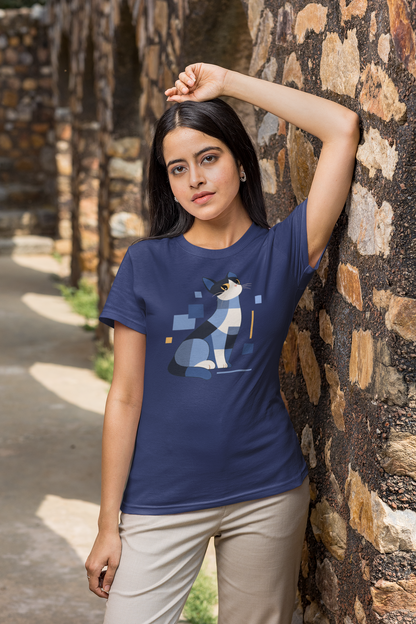 Geometric Cat Series – Blue Color Cat Tee by Kuroneko Ink