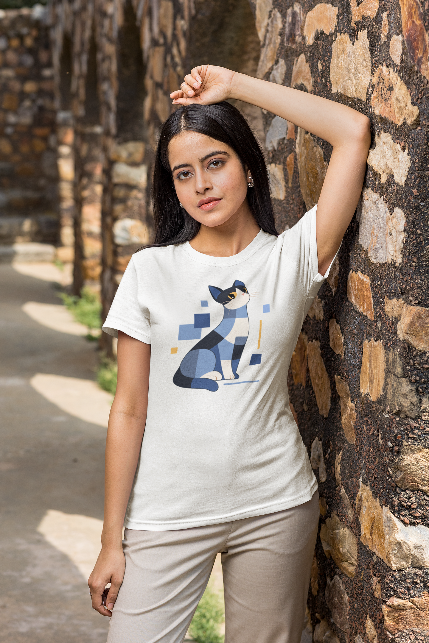 Geometric Cat Series – Blue Color Cat Tee by Kuroneko Ink