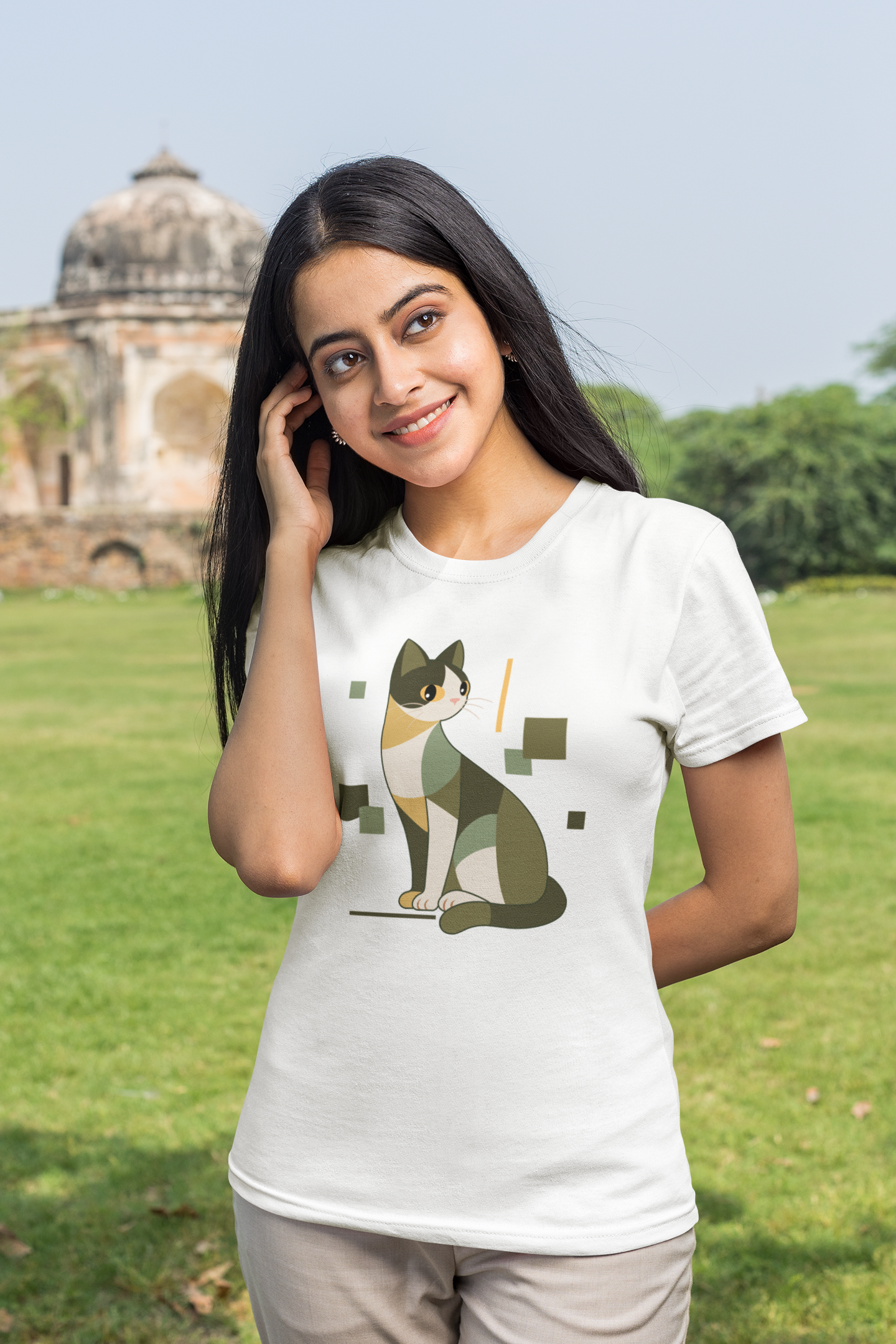 Geometric Cat Series – Green Color Cat Tee by Kuroneko Ink