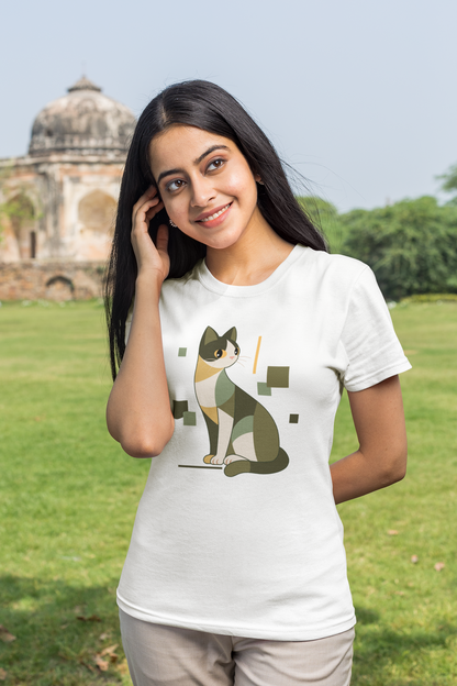 Geometric Cat Series – Green Color Cat Tee by Kuroneko Ink