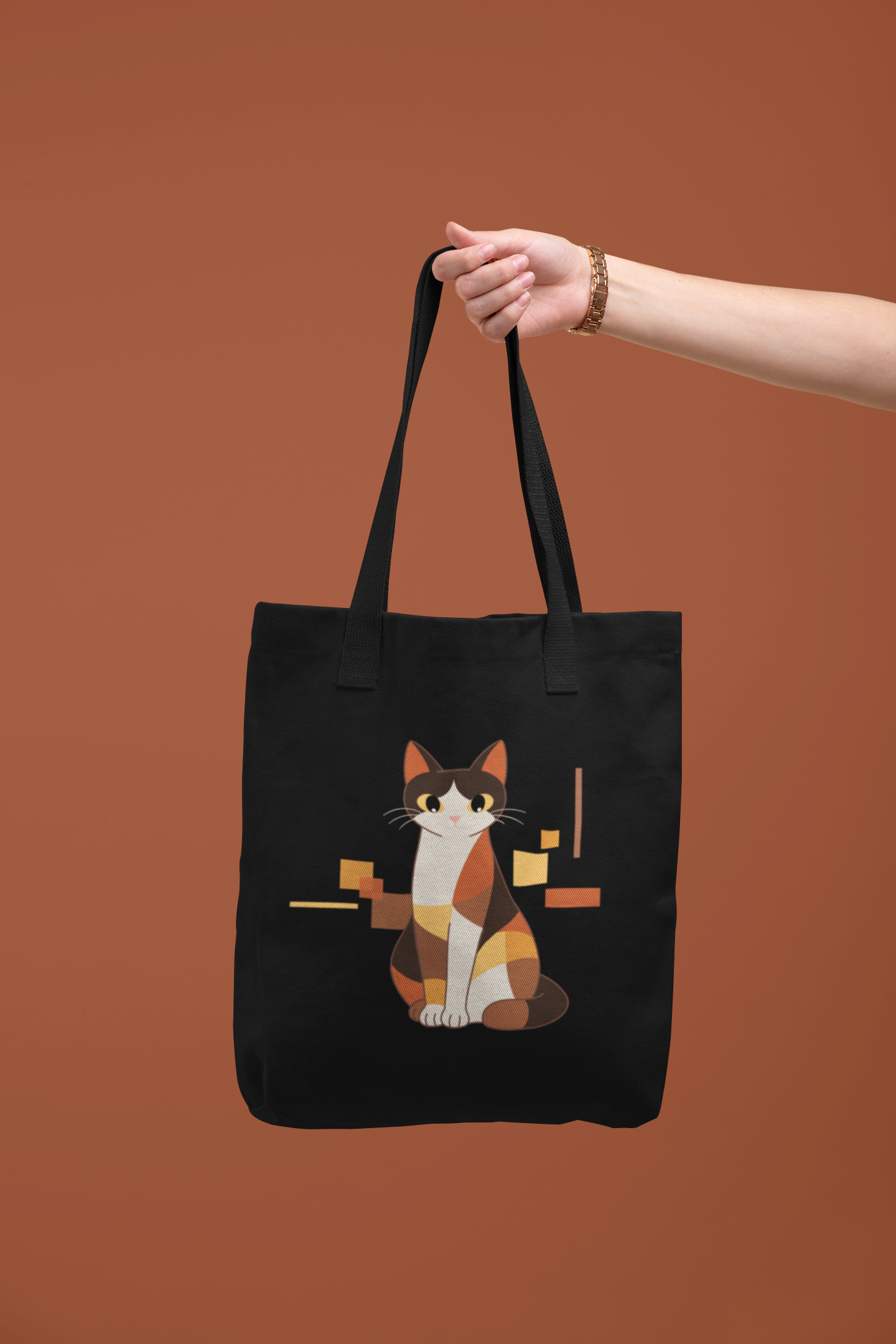 Geometric Cat Series – Warm Color Cat Tote Bag by Kuroneko Ink