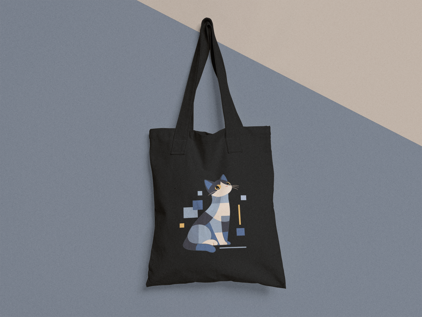 Geometric Cat Series – Blue Color Cat Tote Bag (Square) by Kuroneko Ink